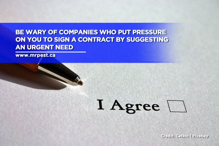 Be wary of companies who put pressure on you to sign a contract by suggesting an urgent need